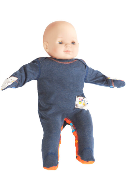 Jumpsuit with wrist cuffs silver-coated textiles for babies and kids with neurodermatitis - blue-multicolored